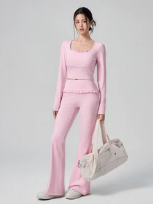 DAZY Women's Long Sleeve Top & Flare Pants Sports Set Fall - Pink - View 2