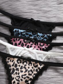 EmpressEnvy 5件組女款前蝴蝶結蕾絲拼接花卉圖案丁字褲 - 彩色 - 查看 3