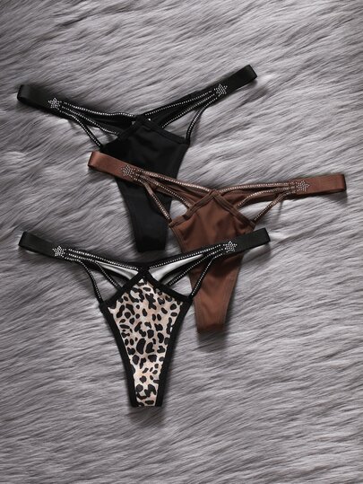 EmpressEnvy Women's 3-Piece Thong Set With Glitter Waistband