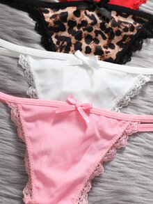 EmpressEnvy 5pcs/Pack Women's Lace Patchwork Bow Tie Leopard Print Thong Panties - Multicolor - View 3
