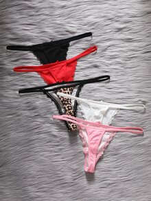 EmpressEnvy 5pcs/Pack Women's Lace Patchwork Bow Tie Leopard Print Thong Panties - Multicolor - View 2