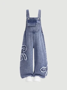 SHEIN Girls' Blue Denim Loose Overalls With Frayed Hem And Bow Western Cowgirl - Blue - View 2