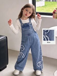 SHEIN Girls' Blue Denim Loose Overalls With Frayed Hem And Bow Western Cowgirl - Blue - View 1