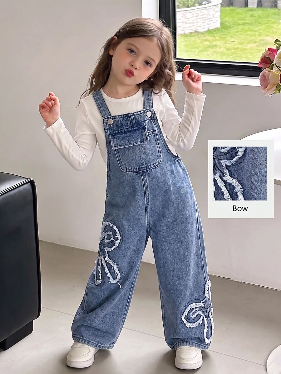 SHEIN Girls' Blue Denim Loose Overalls With Frayed Hem And Bow Western Cowgirl - Blue - View 1