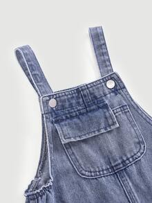 SHEIN Girls' Blue Denim Loose Overalls With Frayed Hem And Bow Western Cowgirl - Blue - View 4
