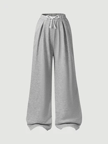SHEIN Teen Girl Drawstring Waist Pleated Casual Versatile Daily Wear Wide Leg Long Pants - Grey - View 3
