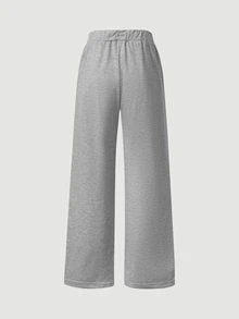 SHEIN Teen Girl Drawstring Waist Pleated Casual Versatile Daily Wear Wide Leg Long Pants - Grey - View 4