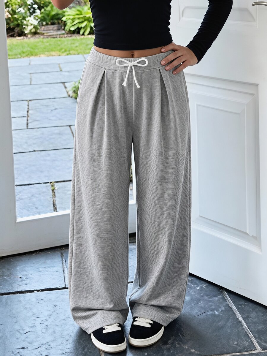 SHEIN Teen Girl Drawstring Waist Pleated Casual Versatile Daily Wear Wide Leg Long Pants - Grey - View 1