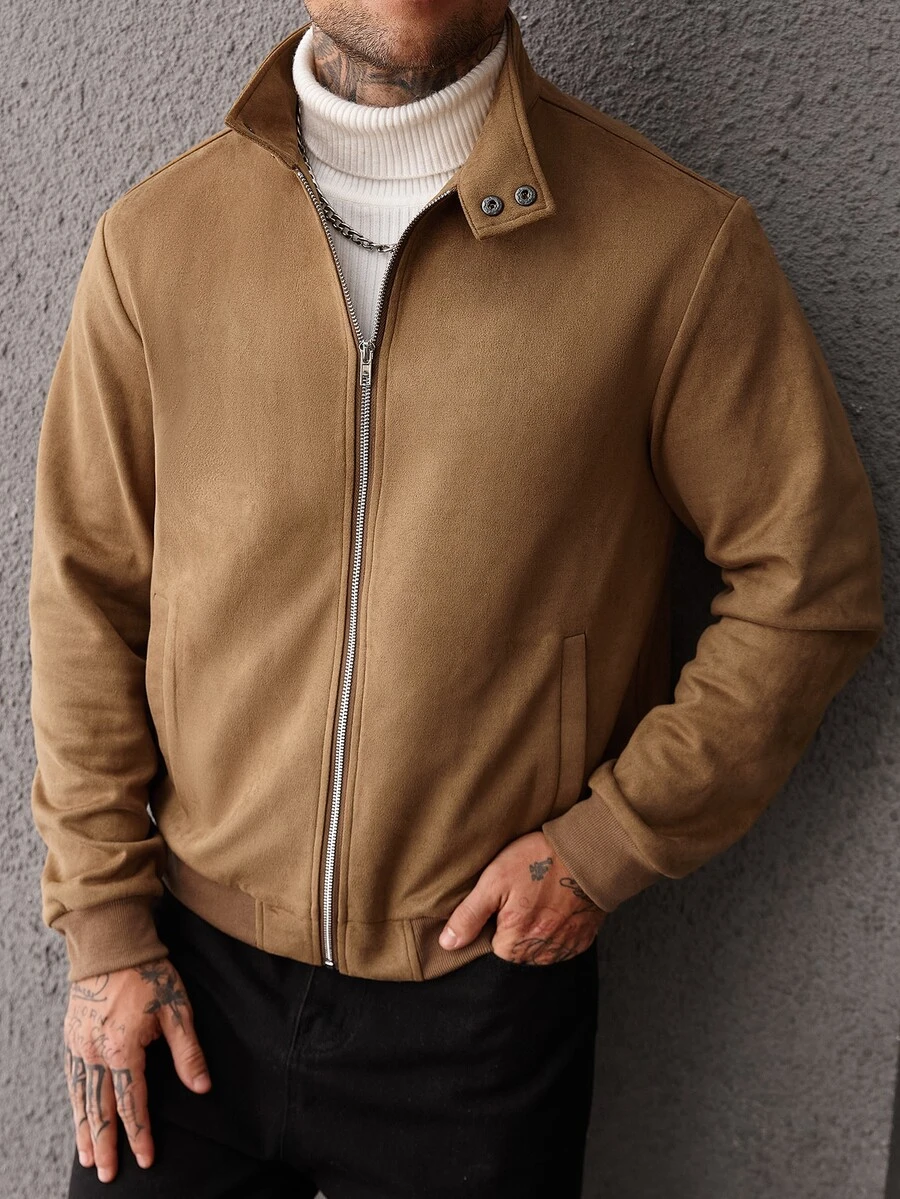 Manfinity CasualCool Men's Old Money Brown Casual Loose, Cropped Fit Jacket,Suede Fabric, Button-Detail Mock Neck Design,
Suitable For Everyday Outfits For Men - Khaki - View 1