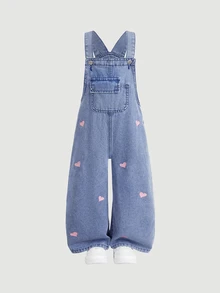 SHEIN 女童藍色牛仔寬鬆吊帶褲 心形圖案 西部牛仔女孩風 - 藍色 - 查看 2