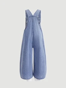 SHEIN 女童藍色牛仔寬鬆吊帶褲 心形圖案 西部牛仔女孩風 - 藍色 - 查看 3