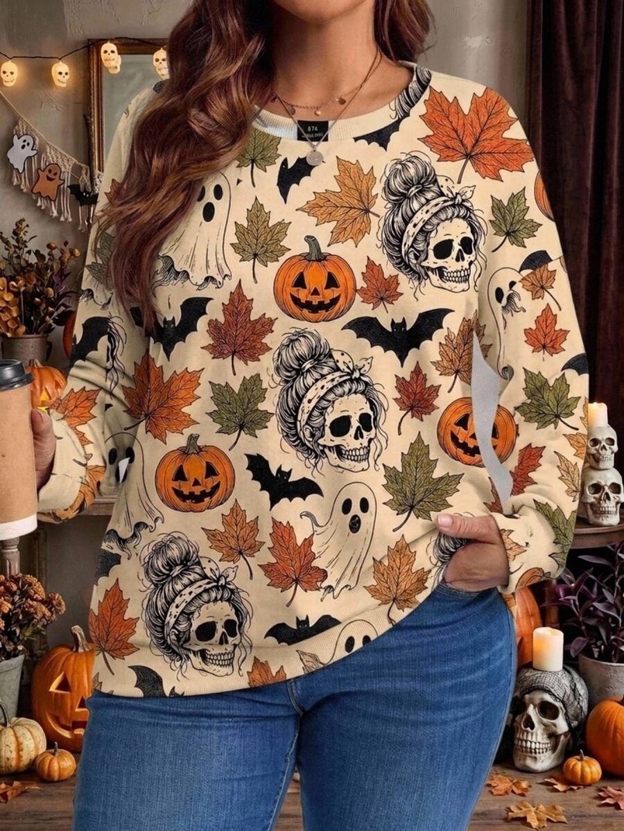 EMERY ROSE Halloween Skeleton Print Plus Size Casual Crew Neck Long Sleeve Sweatshirt, Halloween Costume - Multicolor - View 1