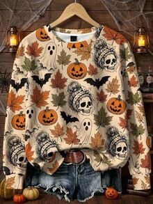 EMERY ROSE Halloween Skeleton Print Plus Size Casual Crew Neck Long Sleeve Sweatshirt, Halloween Costume - Multicolor - View 4