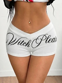 Coolane White Letter Print Women's Slim Fit Casual Shorts - White - View 4