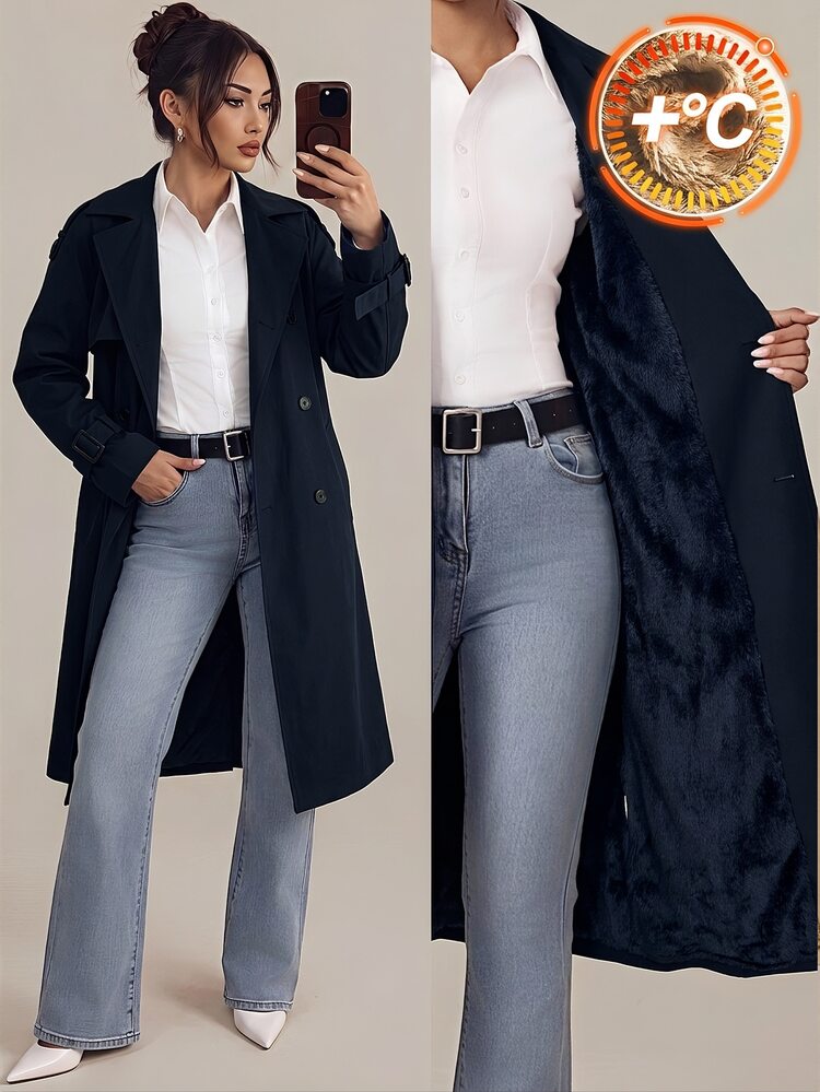 SHEIN PETITE معطف ترنش كاجوال للنساء بصفين من الأزرار، خريف/شتاء - أزرق غامق - مشاهدة 1