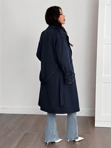 SHEIN PETITE 女款休閒雙排扣風衣外套，秋冬款 - 寶藍色 - 查看 12