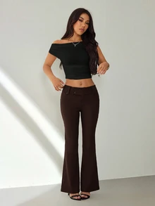 SHEIN PETITE بليزر نسائي بلون موحد كاجوال متعدد الاستخدامات للارتداء اليومي مع بنطال واسع الساق - قهوة بني - مشاهدة 5