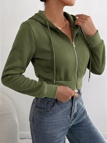 SHEIN PETITE Women's Zipper Hooded Short Sweatshirt,Long Sleeve Tops Graduation,Back To School Outfits,Graduation - Army Green - View 4