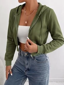 SHEIN PETITE Women's Zipper Hooded Short Sweatshirt,Long Sleeve Tops Graduation,Back To School Outfits,Graduation - Army Green - View 3