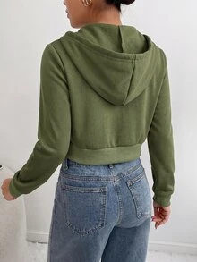 SHEIN PETITE Women's Zipper Hooded Short Sweatshirt,Long Sleeve Tops Graduation,Back To School Outfits,Graduation - Army Green - View 2