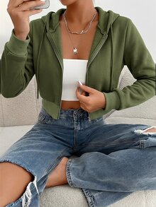 SHEIN PETITE Women's Zipper Hooded Short Sweatshirt,Long Sleeve Tops Graduation,Back To School Outfits,Graduation - Army Green - View 1