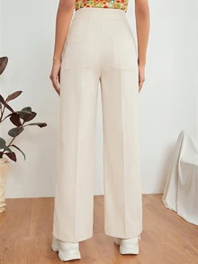 SHEIN PETITE Zipper Solid Dual Pocket Tailored Black Pants In Fall/Winter - Beige - View 2
