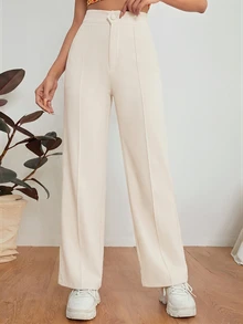 SHEIN PETITE Zipper Solid Dual Pocket Tailored Black Pants In Fall/Winter - Beige - View 1
