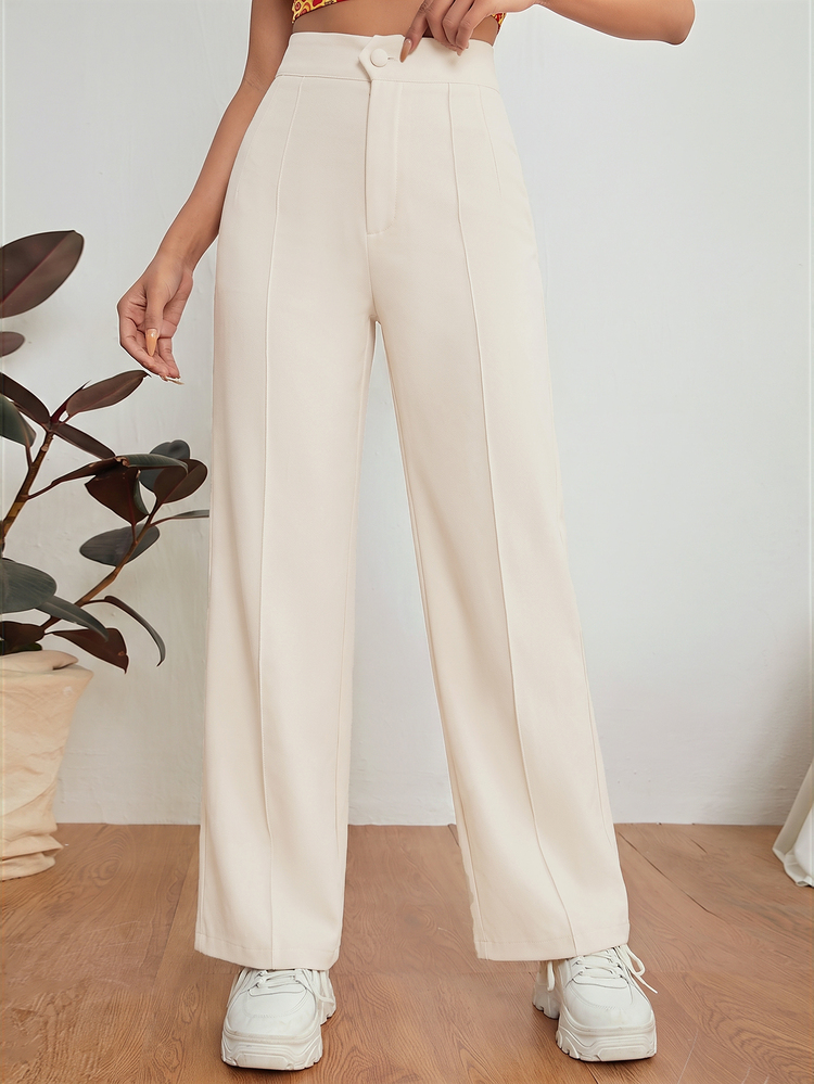 SHEIN PETITE Zipper Solid Dual Pocket Tailored Black Pants In Fall/Winter - Beige - View 1