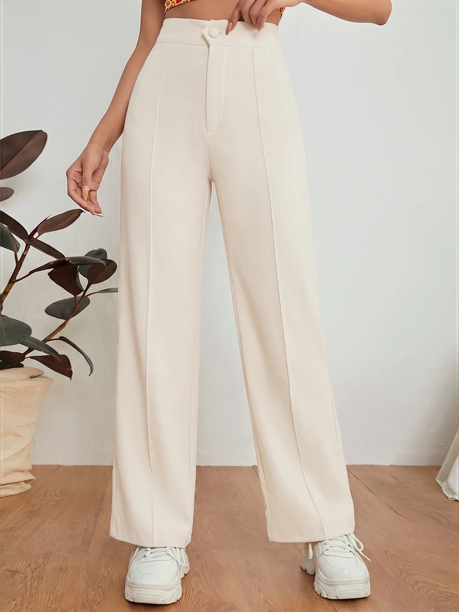 SHEIN PETITE Zipper Solid Dual Pocket Tailored Black Pants In Fall/Winter - Beige - View 1