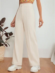 SHEIN PETITE Zipper Solid Dual Pocket Tailored Black Pants In Fall/Winter - Beige - View 5