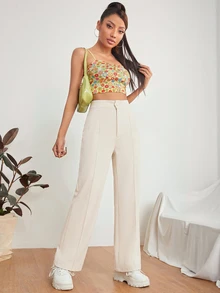 SHEIN PETITE Zipper Solid Dual Pocket Tailored Black Pants In Fall/Winter - Beige - View 3