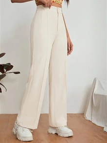 SHEIN PETITE Zipper Solid Dual Pocket Tailored Black Pants In Fall/Winter - Beige - View 4