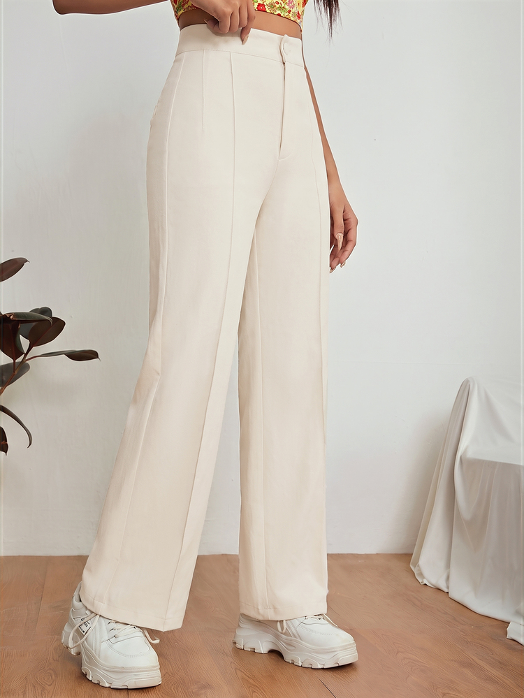 SHEIN PETITE Zipper Solid Dual Pocket Tailored Black Pants In Fall/Winter - Beige - View 4