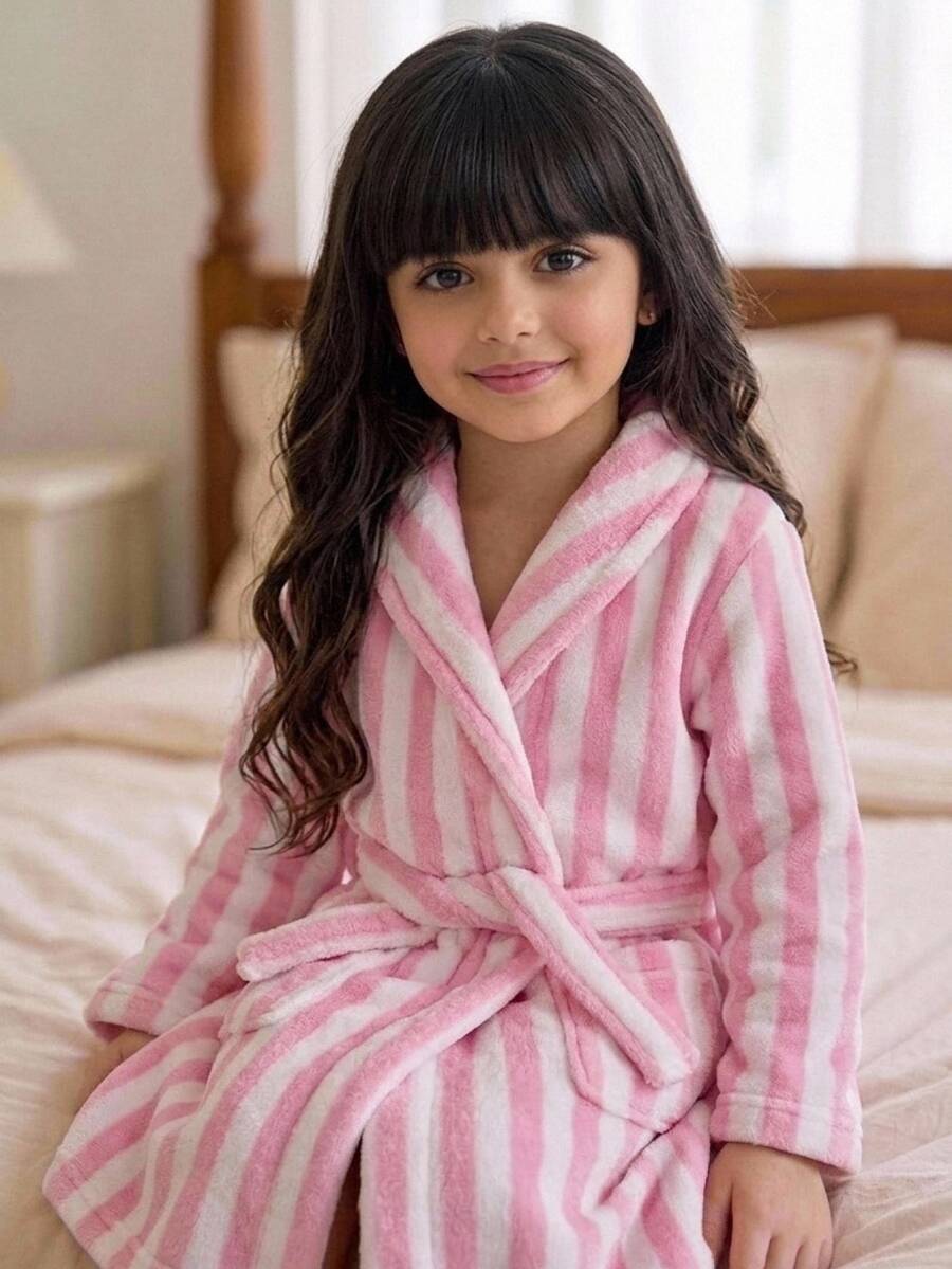 Young Girl Young Girl Young Girl Young Girl Young Girl Striped Plush Belted Robe Fall/Winter - Multicolor - View 1