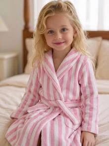 Young Girl Young Girl Young Girl Young Girl Young Girl Striped Plush Belted Robe Fall/Winter - Multicolor - View 4