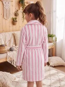 Young Girl Young Girl Young Girl Young Girl Young Girl Striped Plush Belted Robe Fall/Winter - Multicolor - View 6