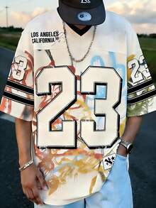 Manfinity Roghcode Men's Vintage Graffiti 23 Jersey V-Neck Loose T-Shirt - Multicolor - View 1