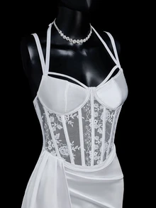SHEIN ICON Sexy Satin & Lace Trim Mini Dress - White - View 7