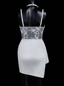 SHEIN ICON Sexy Satin & Lace Trim Mini Dress - White - View 2