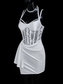 SHEIN ICON Sexy Satin & Lace Trim Mini Dress - White - View 6
