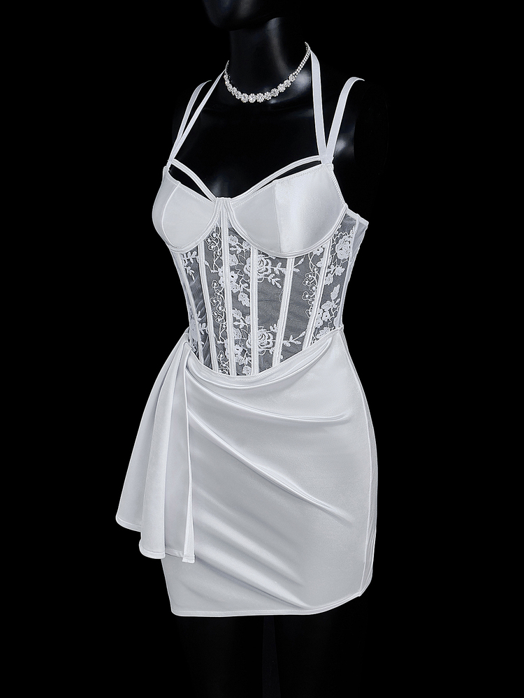 SHEIN ICON Sexy Satin & Lace Trim Mini Dress - White - View 6