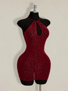 SHEIN ICON Women's Leopard Print Flocked Hollow Out Mini Halter Dress Club Golf Pastal Summer Sexy - Cherry Red - View 7