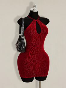 SHEIN ICON Women's Leopard Print Flocked Hollow Out Mini Halter Dress Club Golf Pastal Summer Sexy - Cherry Red - View 5