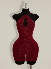 SHEIN ICON Women's Leopard Print Flocked Hollow Out Mini Halter Dress Club Golf Pastal Summer Sexy - Cherry Red - View 4