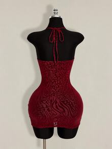 SHEIN ICON Women's Leopard Print Flocked Hollow Out Mini Halter Dress Club Golf Pastal Summer Sexy - Cherry Red - View 2