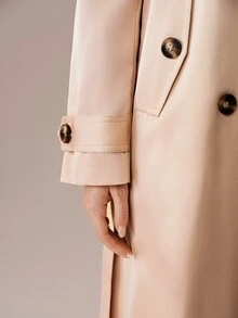 BELROSIE 女款修身收腰雙排扣翻領袖口口袋優雅法式商務休閒老錢風金色辦公晚餐秋季風衣 - 卡其色 - 查看 2