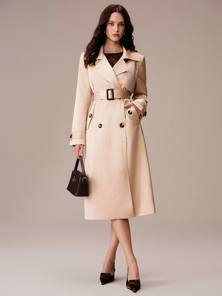 BELROSIE Women's Trench Coat Slim Fit Cinched Waist Double Breasted Lapel Cuffs Pockets Elegant French Business Casual Old Money Gold Office Dinner Autumn - Khaki - View 6