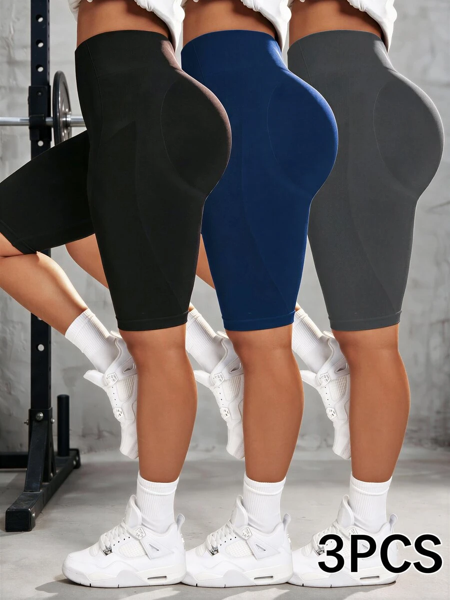 Velisys Velisys 3pcs Seamless Plus Size Women Solid Color Tummy Control Sports Shorts, Spandex Shorts, Elastic Shorts, Cycling Shorts, Gym Shorts - Multicolor - View 1