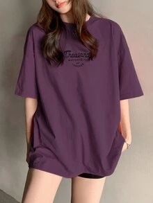 DAZY Camiseta de manga corta de color liso simple, camiseta oversize de moda para el verano, tops lindos - Morado - Ver 6