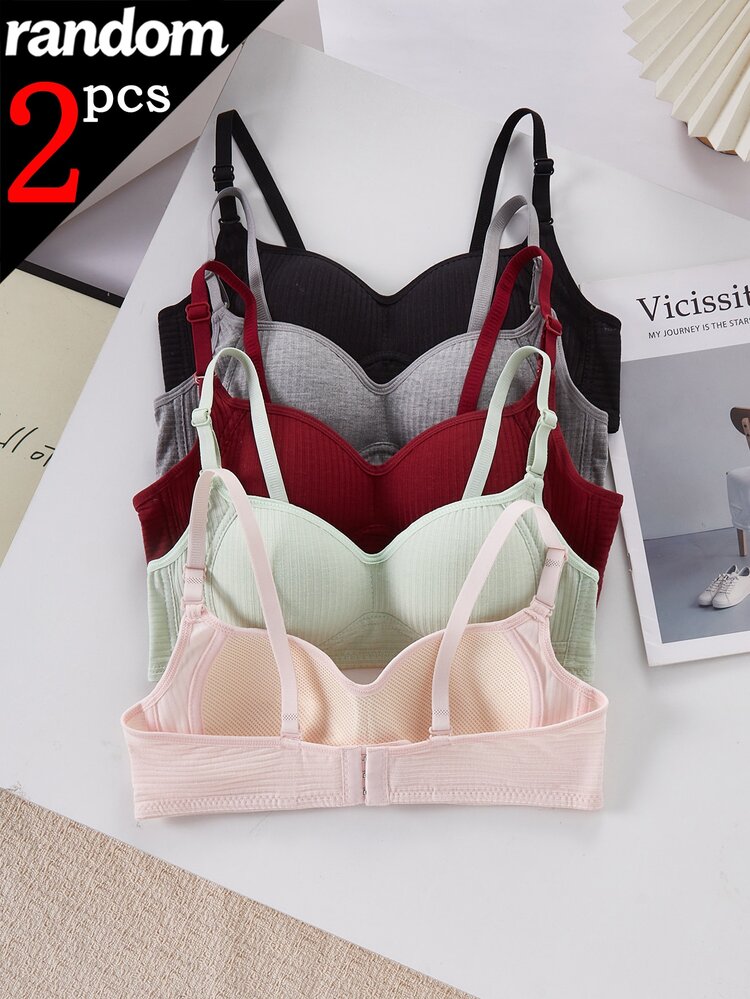 [2pcs Randomly Sent]Simple Girl's Wireless Bra, Thin Solid Color Sports Bra, Bandeau Bra For Teen Girland Students - Multicolor - View 4